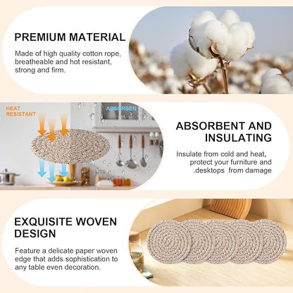 OIAHOMY 10 Pcs Drink Coasters with Holder, Boho Cotton Woven Coaster Set, Absorbent Coaster Protection for Various Cups, Ideal for Coffee Tables Home Decor and Gift, 4.3 Inches,Mixed Brown