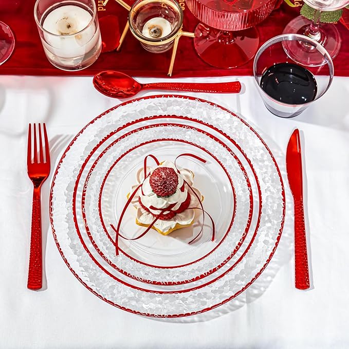 Ciaell 350 PCS Clear and Red Plastic Plates – Red Dinnerware Set for 50 Guests Include 100 Plastic Plates, 50 Pre Rolled Napkins with Cutlery Set, 50 Cups for Wedding & Party & Anniversary