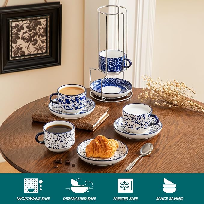 vancasso 8 OZ Cappuccino Cups Set of 4, Porcelain Stackable Espresso Cups | - Image 3