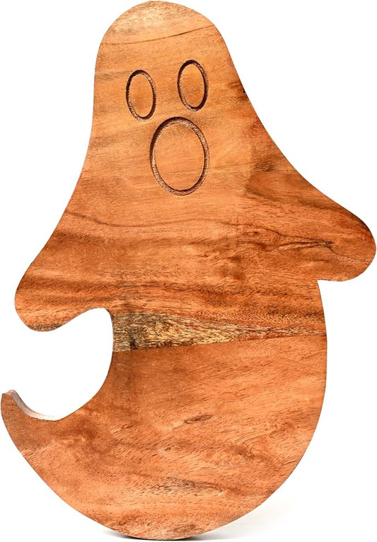 Treen Art Creepy Wooden Halloween Kitchen Cutting Board for Decor, 14"L x 10"W Ghost Butcher Block Piece, Charcuterie Platter for Cheese, fruits and Salad Serving Board