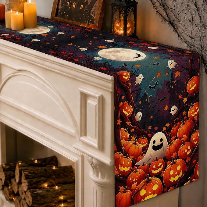 13x72in Halloween Table Runner, Pumpkin Ghost Halloween Decor - Image 2