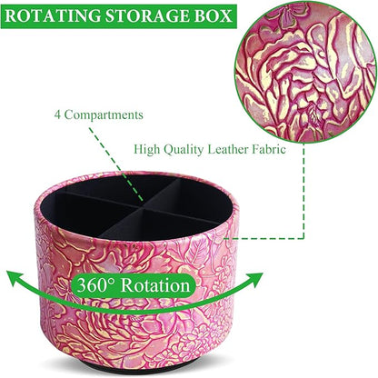 Round Leather Art Supply Organizer,Remote Control Holder,360 Degree Spinning,Multi-Functional Pencil Holder,4 Compartments Desktop Stationary Organizer(1-Rich Flower Pink)