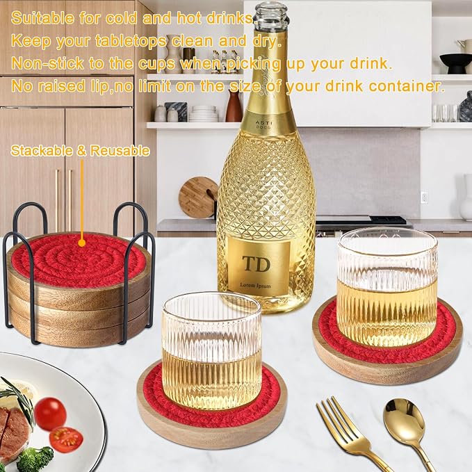 Wood Coasters for Drinks, Eykao Absorbent Coaster Sets of 5, Woven Drink - Image 4