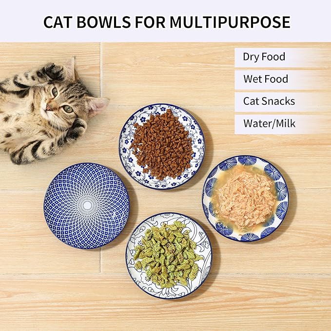 Selamica Ceramic Cat Bowls, 6 Inch Wide Shallow Cat Food Bowl for Relief Whisker Fatigue, Set of 4, Vintage Blue