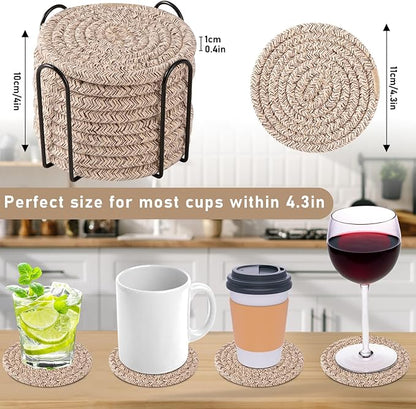 OIAHOMY 10 Pcs Drink Coasters with Holder, Boho Cotton Woven Coaster Set, Absorbent Coaster Protection for Various Cups, Ideal for Coffee Tables Home Decor and Gift, 4.3 Inches,Mixed Brown