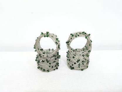 Silver Green Beaded Napkin Ring Set of 12 - Beautiful Fancy Elegant Decorative Napkin Holder for Dinner Table Decoration, Easter, Farmhouse, Wedding, Party, Family Gathering, New Year, Everyday Use