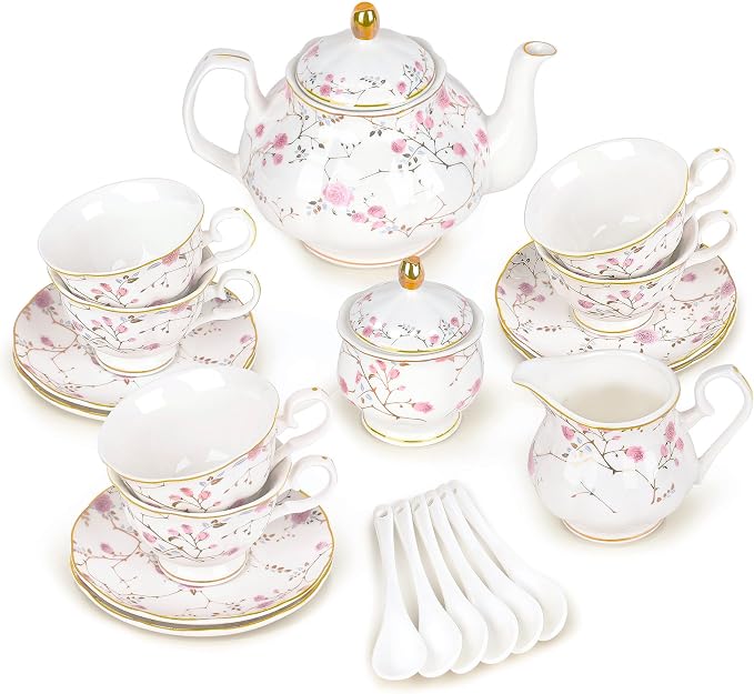 fanquare 21-Piece Gold Vine Floral Porcelain Tea Sets by fanquare