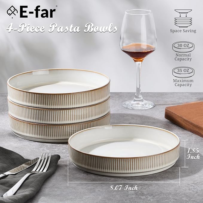 E-far Pasta Bowls Set of 4, 35oz Large Salad Bowl Plate - Image 2