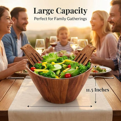 Night Tree Large wooden salad bowl with serving forks mixing, wood salad bowl set for food or fruits, magnetic utensils fit for 6–8 servings, ideal to family meals or as a unique gift
