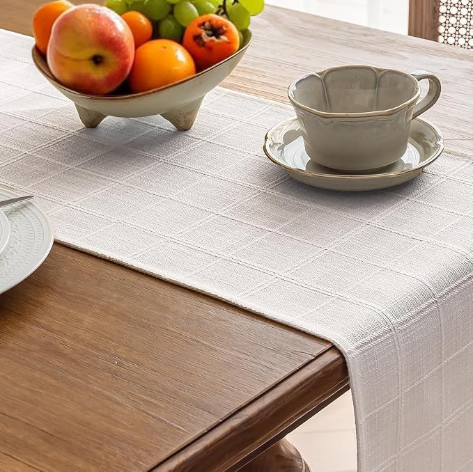Linen Textured Table Runner, Machine Washable, Farmhouse Neutral Checked table - Image 4