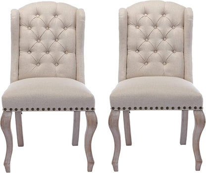 Parsons Dining Chairs Set of 2 Farmhouse Solid Wood Accent Chairs Linen Fabric Host Side Kitchen Chair with Tufted Wingback for Dining Room/Living Room/Bedroom,Cream