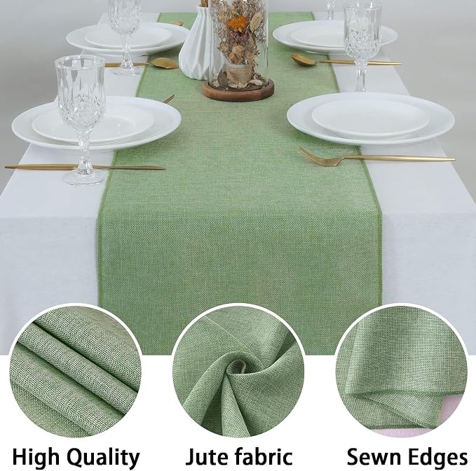 Light Green Burlap Table Runner 2 Packs Rustic Farmhouse Fabric 13x108 Inch | - Image 7
