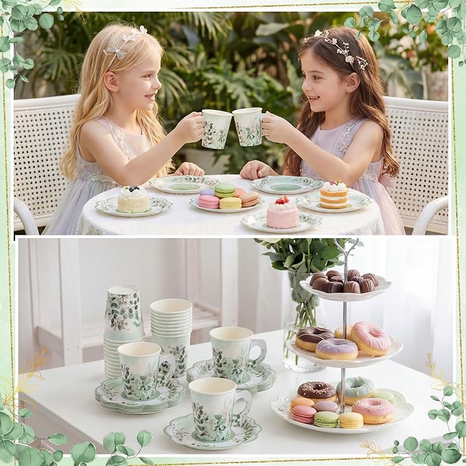 24 Sets Eucalyptus Leaf Tea Party Cups, 7 OZ Disposable Paper Tea Cups | - Image 6