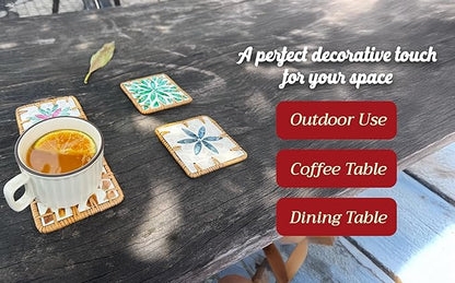 Handmade Rattan Coaster Set of 4, Cute Coasters Square with Mother of Pearl, Coastal & Boho Coaster Vintage for Decorative, Coffee Table, Bar & Outdoor Drink Coasters, Unique Housewarming Gift
