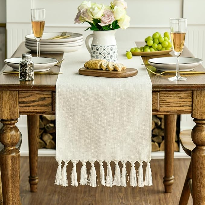 Artoid Mode Beige Tassel Table Runner, Boho Linen Blend Rustic Farmhouse Style - Image 3