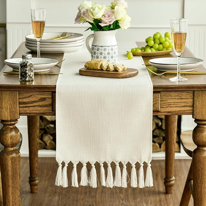 Artoid Mode Beige Tassel Table Runner, Boho Linen Blend Rustic Farmhouse Style - Image 3