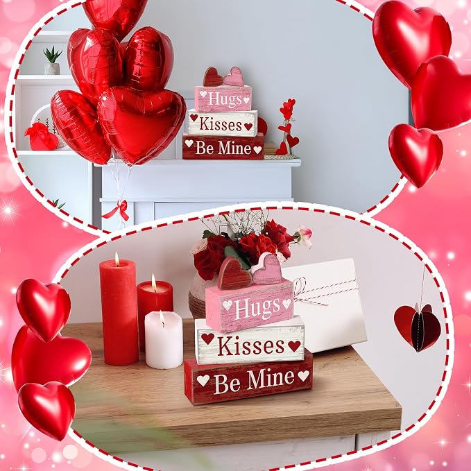 Moucuny 4 Pcs Valentine's Day Table Decorations Wooden Heart Valentine Tiered - Image 6