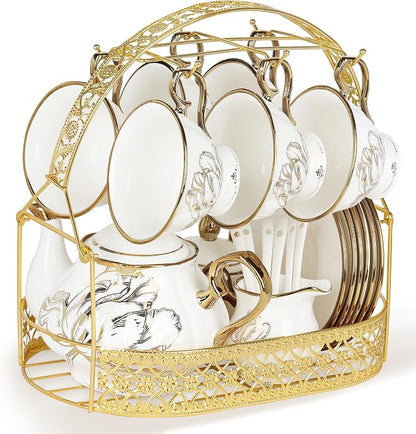 fanquare British Porcelain Tea Coffee Set 22 Piece New Bone China Gold Tulip by fanquare