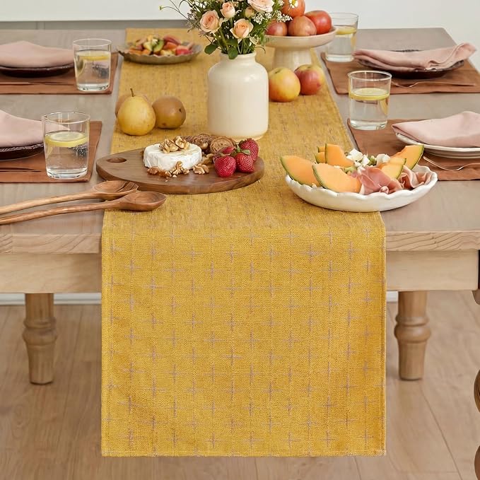 Artoid Mode Yellow Cross-Star Textured Table Runner, Seasonal Waterproof Rustic - Image 2