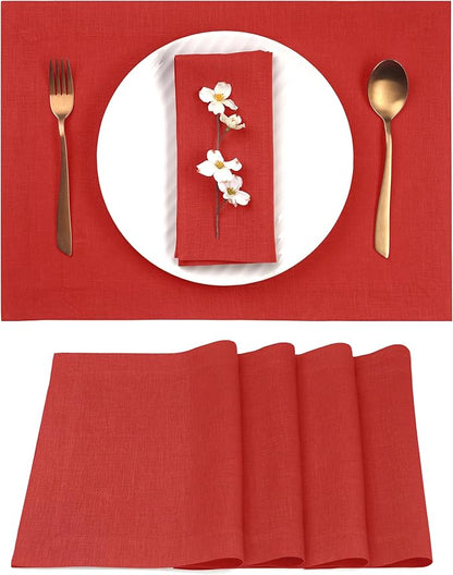 D'Moksha Homes Linen Placemats 14 x 19 Inch - Bright Red Placemats Set of 4-100% Pure Linen Table Place Mats for Valentines, Spring, Easter - Handcrafted and Machine Washable