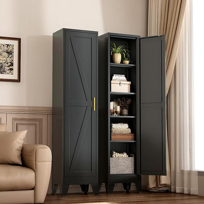 Narrow Metal Cabinet with 4 Adjustable Shelves and Barn Doors,Tall Bathroom Storage Cabinet, Metal Pantry Organizer for Kitchen,Home Office, Dining Room,Black