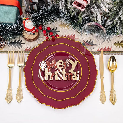 Liacere 350PCS Red Plastic Plates-Disposable Burgundy Red and Gold Plates 50guest Baroque Plastic Dinnerware include 100Plates, 50Pack Pre Rolled Napkins with Silverware 50Cups for Christmas