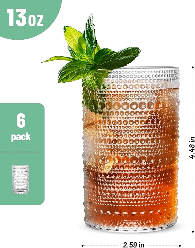 Vintage Dot Drinking Glasses Set of 6, 13 oz Clear Highball Glass Cups | - Image 2