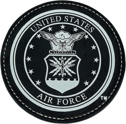 Air Force Leather Coaster Set - 4 Premium Coasters with Hot Stamped Foil USAF Logo - Air Force Gifts | USAF Leather Coasters