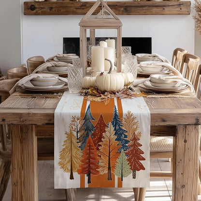 Fall Watercolor Trees & Maple Leaves Striped Table Runner 13x72 Inch, Rustic - Image 3