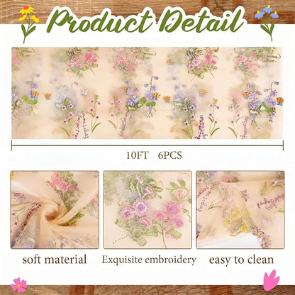 Champagne Floral Table Runner 10ft Embroidery Tulle Spring Wildflower Gauze - Image 3