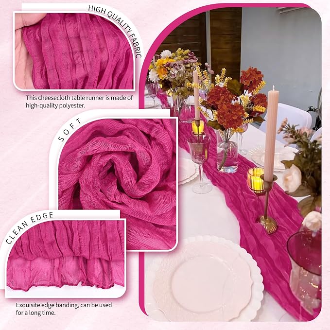 Showgeous 2 Pack Fuschia Cheesecloth Table Runners Boho Wedding Decor | Rustic - Image 3