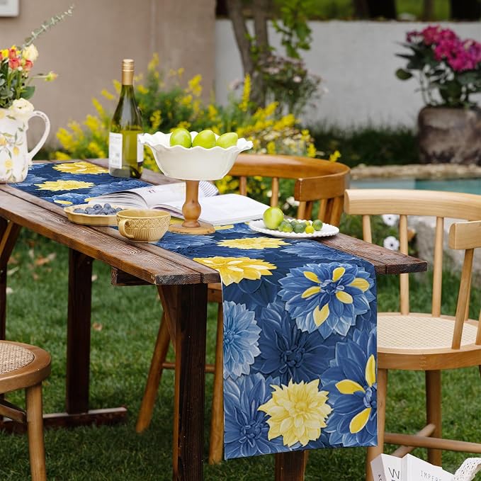 Blue Yellow Dahlia Flower Summer Table Runner Blue Yellow Gray Burlap Table - Image 7