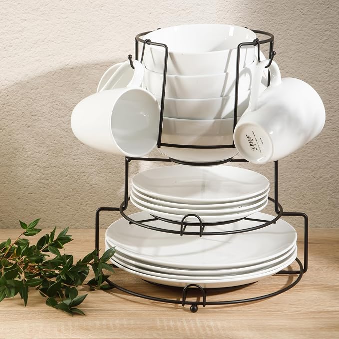Gibson Home Summit View 17-Piece Porcelain Plates and Bowls Set W/Metal Rack - Image 3