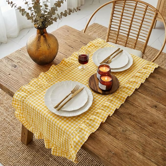 HunnmingRe 1 Pc Gingham Table Runner Yellow, 118 X 13.8 Inch | Cotton Dresser - Image 4