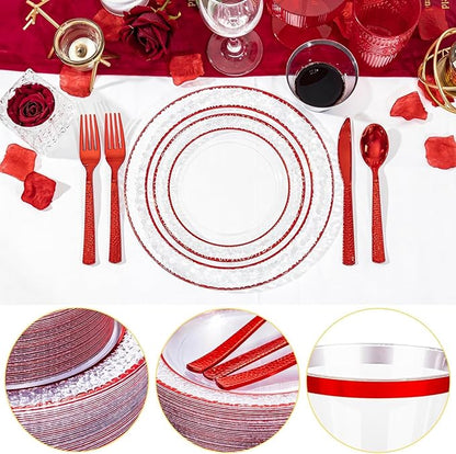 Ciaell 350 PCS Clear and Red Plastic Plates – Red Dinnerware Set for 50 Guests Include 100 Plastic Plates, 50 Pre Rolled Napkins with Cutlery Set, 50 Cups for Wedding & Party & Anniversary