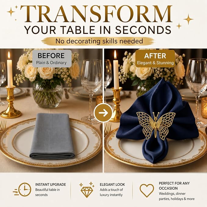 Gold Napkin Rings Set of 12 – Butterfly Design – Decorative Napkin Rings Gold - Image 3