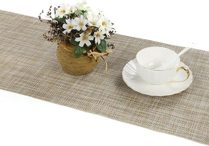 SHACOS Woven Vinyl Table Runners 12 x 54 inch Wipeable Table Runner Heat Resistant Runner for Table Indoor Outdoor, Beige
