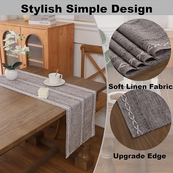 Gernaice Boho Table Runner, Rustic Embroidered Cotton Linen Farmhouse Table - Image 3