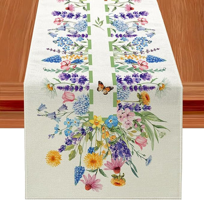 Spring Floral Table Runner Decorations, Calendula and Lavender Farmhouse Table by JVUZIQ