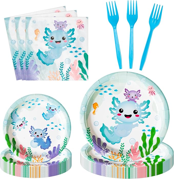 96Pcs Blue Axolotl Cute Cartoon Animals Party Plates Supplies Tableware by G1ngtar