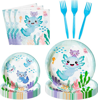 96Pcs Blue Axolotl Cute Cartoon Animals Party Plates Supplies Tableware by G1ngtar