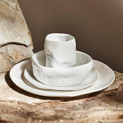 Stone by Mercer Project Atik Modern Stoneware 16-Piece Dinnerware Set, Plate and Bowl Set, Dish set for 4, White