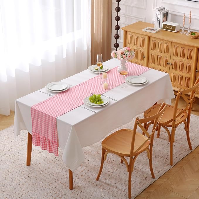 Coral Pink White Plaid Gingham Ruffle Table Runner 108 inches Long 100% Washed - Image 2