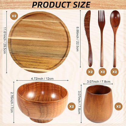 12 Pcs Acacia Wood Dinnerware Set 11.6 Inch Round Wooden Plates Bowls Tea Cups - Image 2