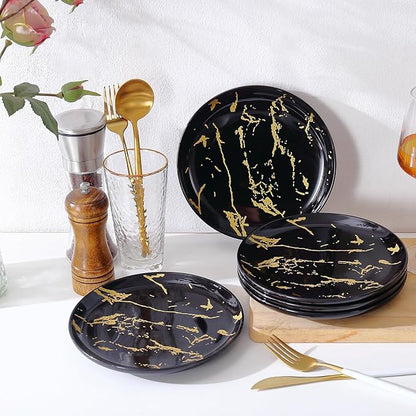 6-Piece Black Marble Ceramic Plates with Gold Rim, 8-Inch Dinner Plates Set, Oven & Microwave Safe, Dishwasher Safe, Elegant Appetizer, Salad, and Dessert Plates for Modern Dining