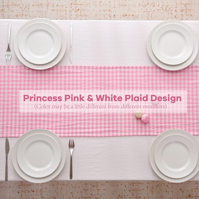 Pink White Plaid Gingham Ruffle Table Runner 72 inches Long 100% Washed Cotton - Image 4