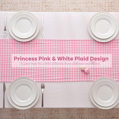 Pink White Plaid Gingham Ruffle Table Runner 90 inches Long 100% Washed Cotton - Image 4