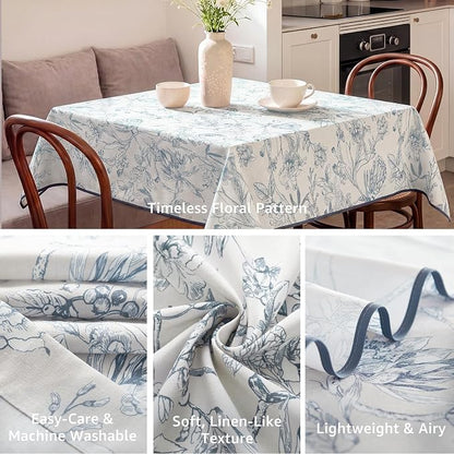 jinchan Blue Floral Linen Square Table Cloth 50 x 50 Inch | Blue floral accents - Image 3