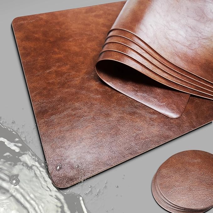 Classic Brown Leather Effect Placemats Set of 6, Vinyl Faux Leather Placemats by Unknown