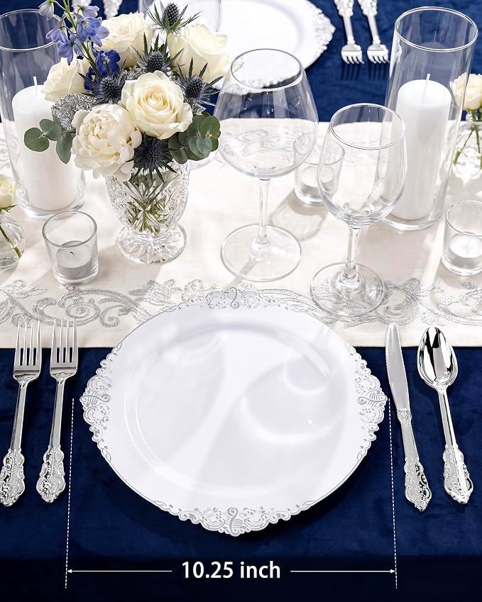 100pcs White Silver Plastic Plates - Image 2